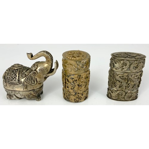 309 - 3 ORIENTAL WHITE METAL TRINKET BOXES ELEPHANT BOX  STAMPED T90 7.5cm TALL . 2 BOXES WITH SEAL MARK