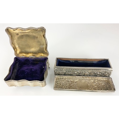 308 - HALLMARKED SILVER JEWELLERY BOX WITH A WHITE METAL EMBOSSED BOX