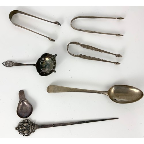 261 - SILVER TABLE SPOON, PIERCED SILVER SIFTER SPOON, SILVER TONGS, A CADDY SPOON AND CONTINENTAL MEAT SK... 