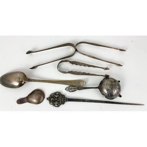 261 - SILVER TABLE SPOON, PIERCED SILVER SIFTER SPOON, SILVER TONGS, A CADDY SPOON AND CONTINENTAL MEAT SK... 