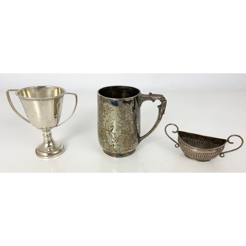 162 - SILVER TANKARD, SILVER 2 HANDLED TROPHY AND 2 HANDLED  OVAL SALT