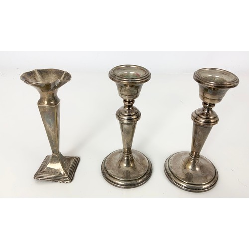 181 - HEXAGONAL SILVER SIFTER, PR. LOADED SILVER CANDLESTICKS AND ONE OTHER