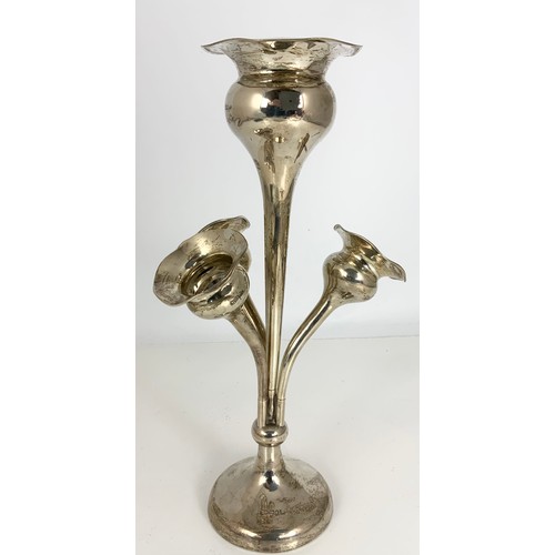 249 - HALLMARKED WALKER AND HALL  SHEFFIELD 1905 SILVER EPERGNE  WITH 3 SMALLER FLOWER VASES AROUND A CENT... 