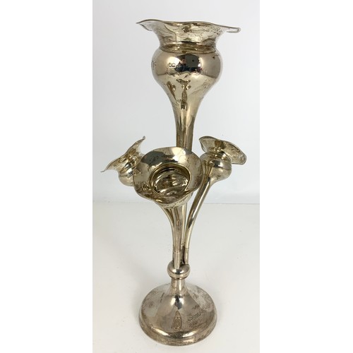 249 - HALLMARKED WALKER AND HALL  SHEFFIELD 1905 SILVER EPERGNE  WITH 3 SMALLER FLOWER VASES AROUND A CENT... 