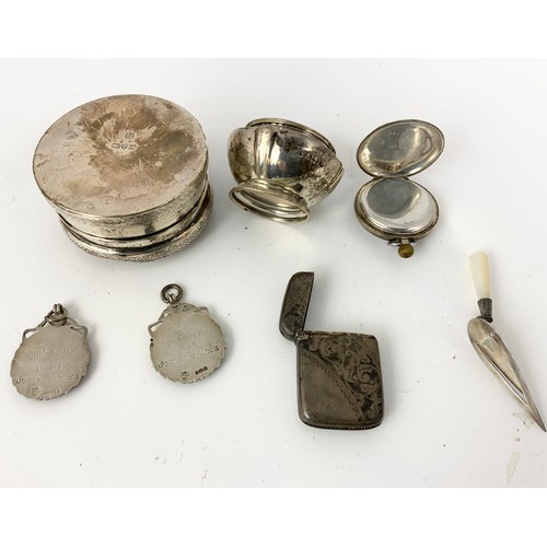 307 - COLLECTABLE HALLMARKED SILVER  INC TRINKET BOX CHESTER MARK, VESTA, TROWEL PAGE MARKER, FOBS, POCKET... 