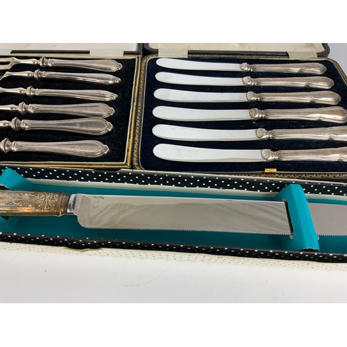 202 - CASED DESERT FORKS , BUTTER KNIVES & CAKE KNIFE ALL WILL HALLMARKED SILVER HANDLES