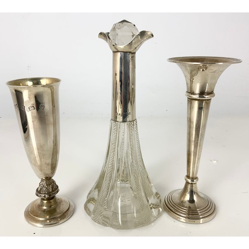 250 - SILVER VASE, APPROX. 95g AND A LOADED SILVER TRUMPET VASE TOGETHER WITH A SILVER MOUNTED CUT GLASS P... 