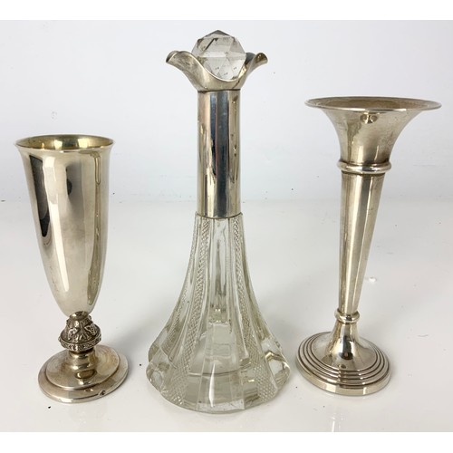 250 - SILVER VASE, APPROX. 95g AND A LOADED SILVER TRUMPET VASE TOGETHER WITH A SILVER MOUNTED CUT GLASS P... 