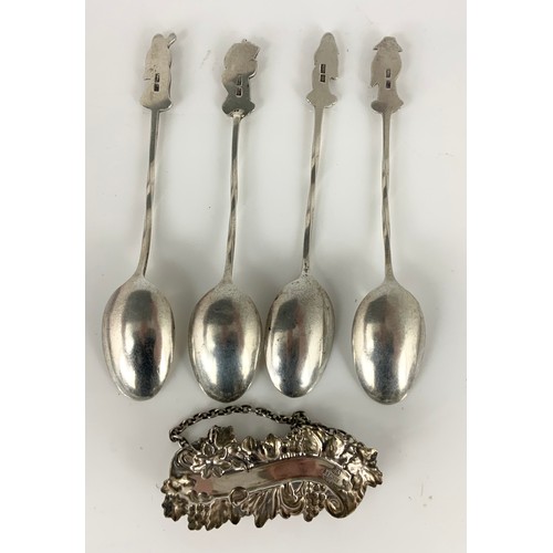 263 - 4 ORIENTAL WHITE METAL SPOONS &  A HALLMARKED PORT BOTTLE / DECANTER LABEL