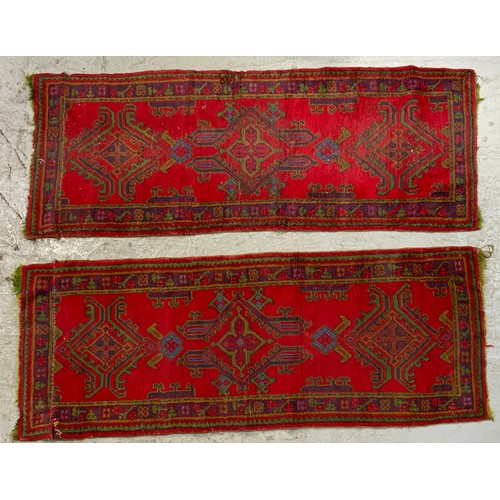 694 - 2 RED & GREEN GROUND RUNNER RUGS 227cm x 87cm