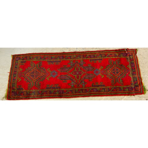 694 - 2 RED & GREEN GROUND RUNNER RUGS 227cm x 87cm