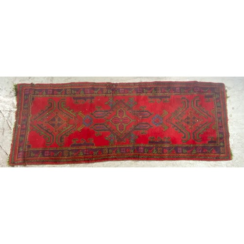 694 - 2 RED & GREEN GROUND RUNNER RUGS 227cm x 87cm