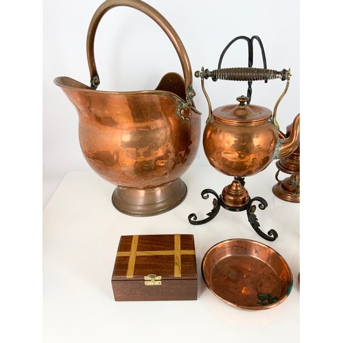 290 - COPPER KETTLE ON STAND TOGETHER WITH A COPPER COFFEE POT , COPPER COAL SCUTTLE, MAHOGANY BOX ETC