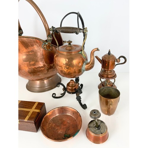 290 - COPPER KETTLE ON STAND TOGETHER WITH A COPPER COFFEE POT , COPPER COAL SCUTTLE, MAHOGANY BOX ETC