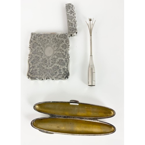 196 - ORNATE BRIGHT CUT  SILVER CARD CASE WITH A TORPEDO SILVER CIGAR CASE &  A UNUSUAL SILVER CHAMPAGNE B... 