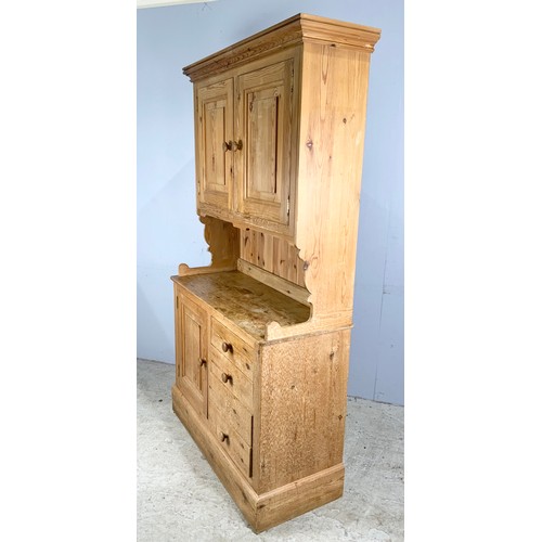 554 - PINE KITCHEN DRESSER WITH CUPBOARD ABOVE WIDTH 110cm . 201cm TALL