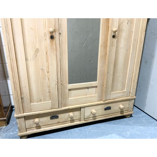 517 - PINE  TRIPLE DOOR. WARDROBE WITH MIRROR DOOR WIDTH 146cm. 196cm TALL