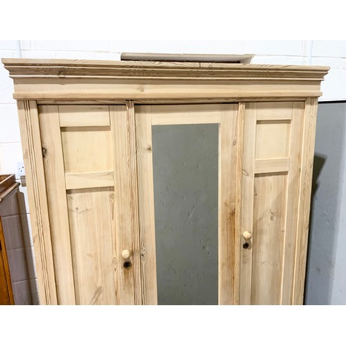 517 - PINE  TRIPLE DOOR. WARDROBE WITH MIRROR DOOR WIDTH 146cm. 196cm TALL