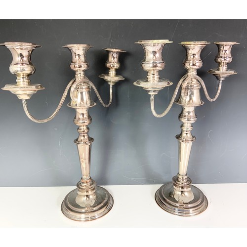 299 - IMPRESSIVE PAIR OF 3 BRANCH SILVER PLATED CANDELABRA 40cm TALL