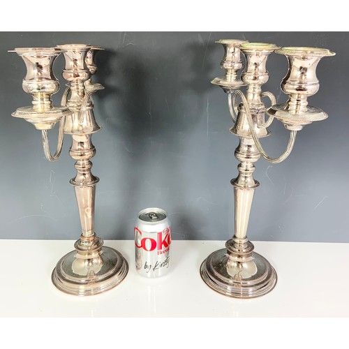 299 - IMPRESSIVE PAIR OF 3 BRANCH SILVER PLATED CANDELABRA 40cm TALL