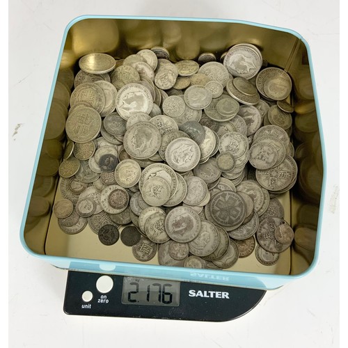 399 - TIN OF MIXED HALF CROWNS, FLORINS , TWO SHILLINGS, ONE SHILLINGS , SIXPENCE’S, THREEPENCE’S ETC APPR... 