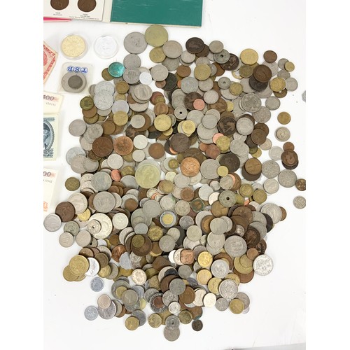 388 - MIXED ENGLISH & FOREIGN  COINS & BANKNOTES & 2 COIN COLLECTOR FOLDERS