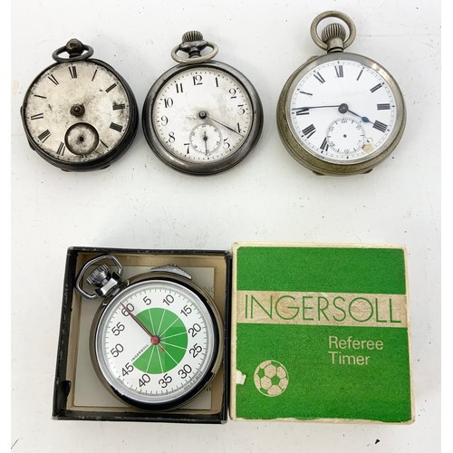 421 - BOXED INGERSOLL REFEREE TIMER WITH 3 POCKET WATCHES INC A HALLMARKED SILVER EXAMPLE AF