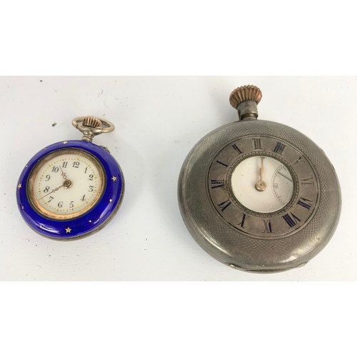 423 - ENAMELLED SILVER LADIES POCKET WATCH AND SILVER HALF HUNTER