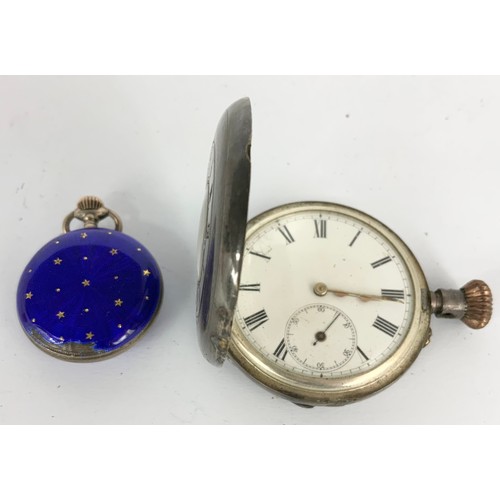 423 - ENAMELLED SILVER LADIES POCKET WATCH AND SILVER HALF HUNTER