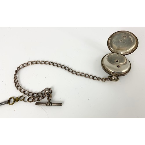 426 - LADIES SILVER POCKET WATCH WITH SILVER CHAIN & WATCH KEY