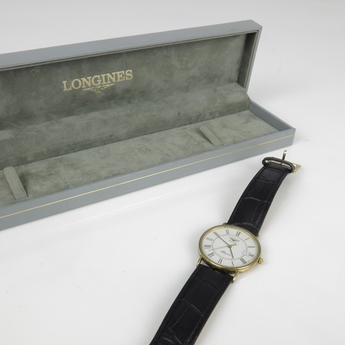 484 - A LATE 20TH CENTURY 9CT GOLD QUARTZ CALENDAR WRISTWATCH LONGINES PRESENCE WITH CENTRE SECONDS