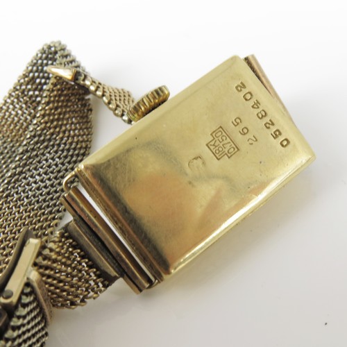 443 - LADIES 18CT GOLD WRIST WATCH WITH GOLD COLOURED MESH STRAP, APPROX. 14.8g gross