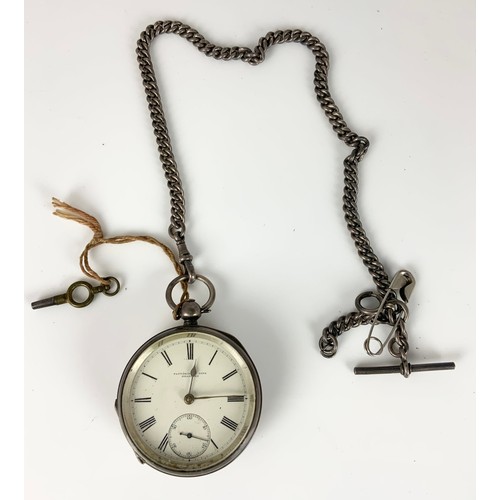 427 - SILVER OPEN FACE POCKET WATCH ON SILVER WATCH CHAIN