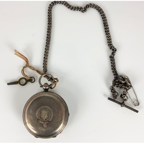 427 - SILVER OPEN FACE POCKET WATCH ON SILVER WATCH CHAIN