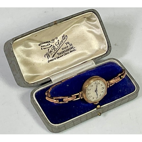 444 - LADIES GOLD CASED WRIST WATCH IN FITTED WM. SCOTT BROMSGROVE BOX, EXPANDING STRAP MARKED 9CT GOLD, A... 