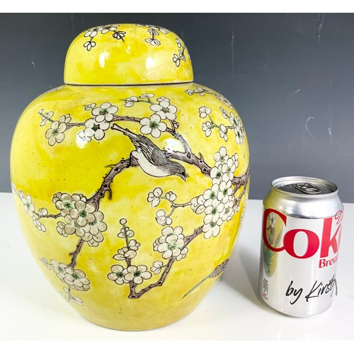 56 - ORIENTAL YELLOW GROUND GINGER JAR AND COVER WITH PRUNUS BLOSSOM AND BIRD DECORATION, 6 CHARACTER MAR... 