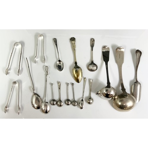 267 - COLLECTION OF HALLMARKED SILVER INC SPOONS, CONDIMENT SPOONS, SUGAR TONGS ETC 299g