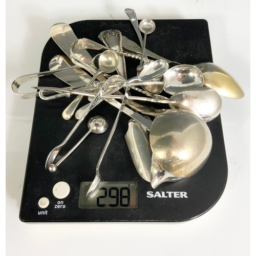 267 - COLLECTION OF HALLMARKED SILVER INC SPOONS, CONDIMENT SPOONS, SUGAR TONGS ETC 299g