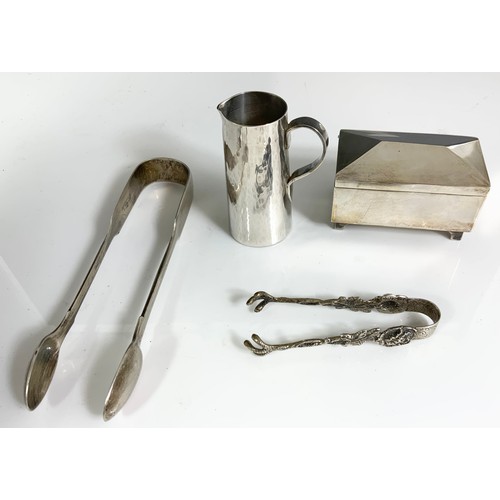 247 - PLANISHED SILVER MINIATURE JUG, SILVER SUGAR TONGS, RECTANGULAR SILVER TRINKET BOX WITH HINGED COVER... 