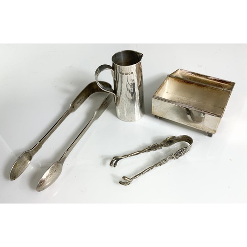 247 - PLANISHED SILVER MINIATURE JUG, SILVER SUGAR TONGS, RECTANGULAR SILVER TRINKET BOX WITH HINGED COVER... 