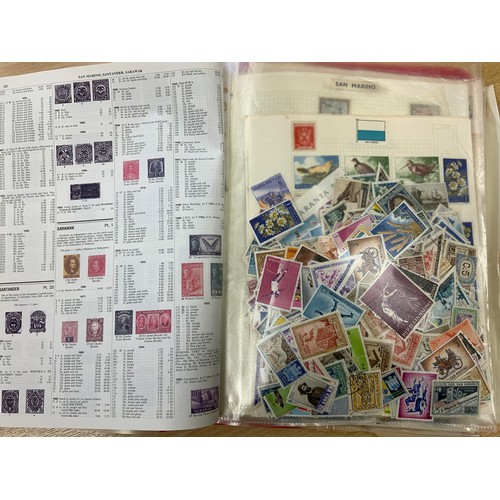 493 - BROWN STOCK BOOK (A/F) SAN MARINO, MIXED STAMPS, MANY CANCELLED AND LOOSE, PLUS FOLDER OF LOOSE UNSO... 