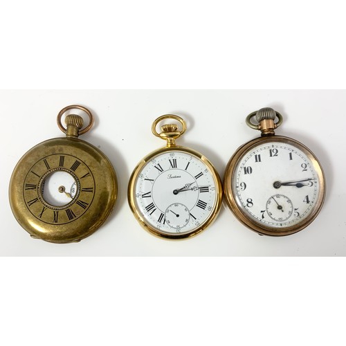 434 - GOLD PLATED HALF HUNTER POCKET WATCH AND 2 OPEN FACE DITTO