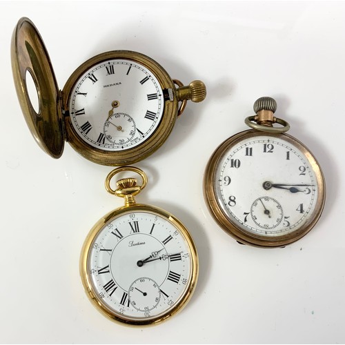 434 - GOLD PLATED HALF HUNTER POCKET WATCH AND 2 OPEN FACE DITTO