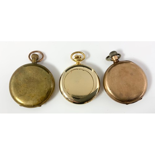 434 - GOLD PLATED HALF HUNTER POCKET WATCH AND 2 OPEN FACE DITTO