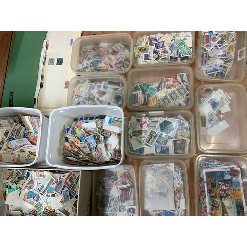 501 - LARGE CARTON, A SORTERS DELIGHT FULL OF PLASTIC CARTONS OF WORLDWIDE STAMPS AND AN ACCUMULATION OF N... 