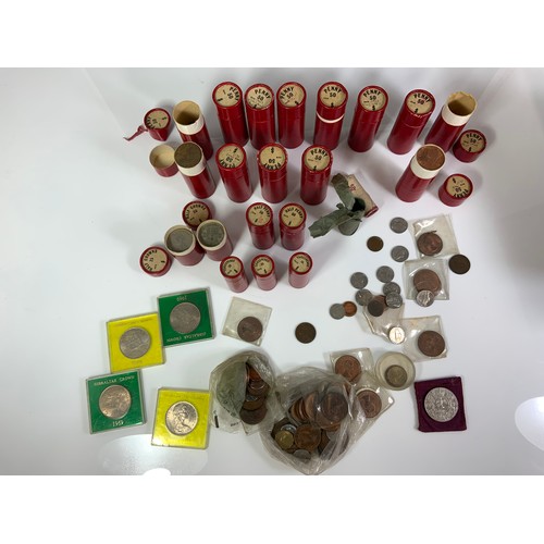 389 - QTY. MISC. COINS, SOME MINT IN TUBES, ALSO SOME OLD COINS IN TUBES, COMMEMORATIVES ETC.