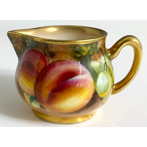 34 - A ROYAL WORCESTER MINIATURE JUG, DECORATED ALL AROUND WITH FRUIT TO A MOSSY BACKGROUND  INDISTICLY S... 