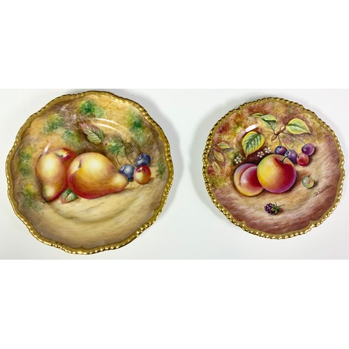 33 - TWO ROYAL WORCESTER SIDE PLATES DECORATED WITH FALLEN FRUIT TO A MOSSY BACKGROUND WITH GADROON SHAPE... 