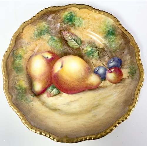 33 - TWO ROYAL WORCESTER SIDE PLATES DECORATED WITH FALLEN FRUIT TO A MOSSY BACKGROUND WITH GADROON SHAPE... 