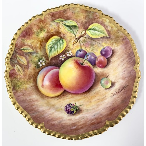 33 - TWO ROYAL WORCESTER SIDE PLATES DECORATED WITH FALLEN FRUIT TO A MOSSY BACKGROUND WITH GADROON SHAPE... 